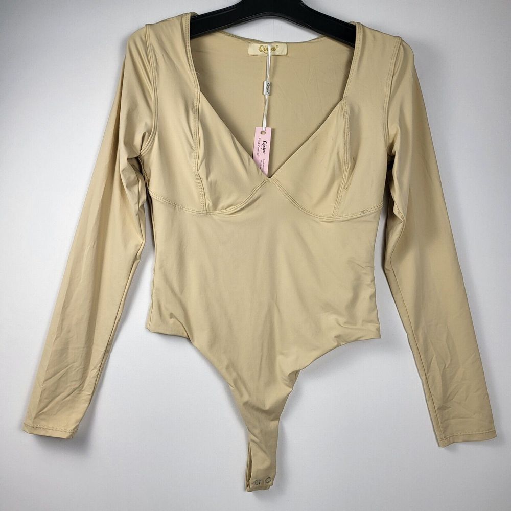 Qinsen Bodysuit Top Beige Long Sleeve V-Neck Snap Crotch Large Going Out Top New